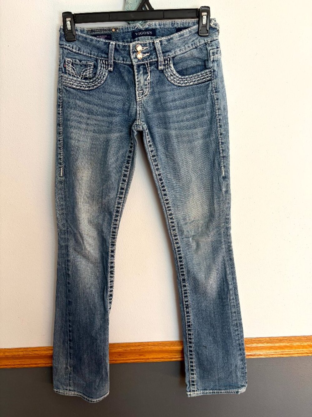 VIGOSS Jeans Women's Blue Chelsea Slim Bootcut Sz 1/2 L 32 Stretch Embellished